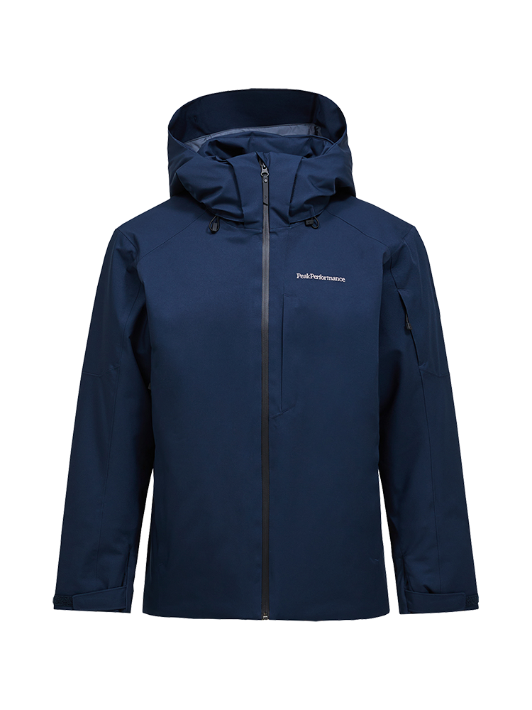 Front view of a blue shadow Peak Performance Men's Maroon HIPE 2L Insulated Shell Jacket featuring 2-layer HIPE stretch fabric, YKK AquaGuard zippers, a detachable helmet-compatible hood, and zippered underarm vents.