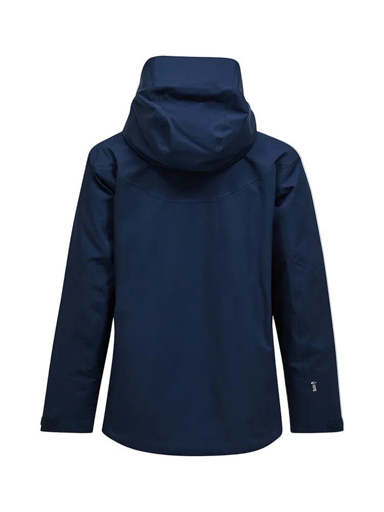 Rear view of a blue shadow Peak Performance Men's Maroon HIPE 2L Insulated Shell Jacket featuring 2-layer HIPE stretch fabric, YKK AquaGuard zippers, a detachable helmet-compatible hood, and zippered underarm vents.