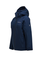 Side view of a blue shadow Peak Performance Men's Maroon HIPE 2L Insulated Shell Jacket featuring 2-layer HIPE stretch fabric, YKK AquaGuard zippers, a detachable helmet-compatible hood, and zippered underarm vents.