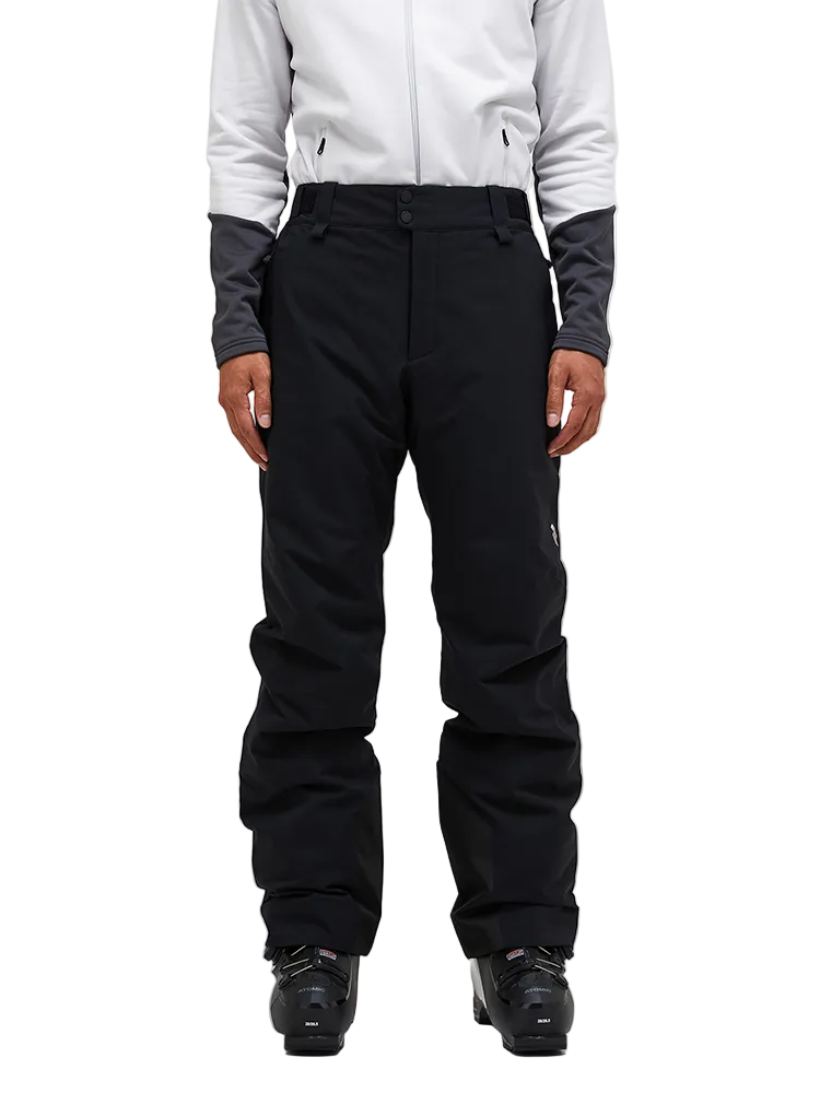 Front view of the Peak Performance Men's Maroon HIPE 2L Insulated Shell Pants featuring 2-layer HIPE 2-way stretch fabric, an adjustable velcro waistband, articulated knees, and reinforced Cordura lower leg scuff guards.