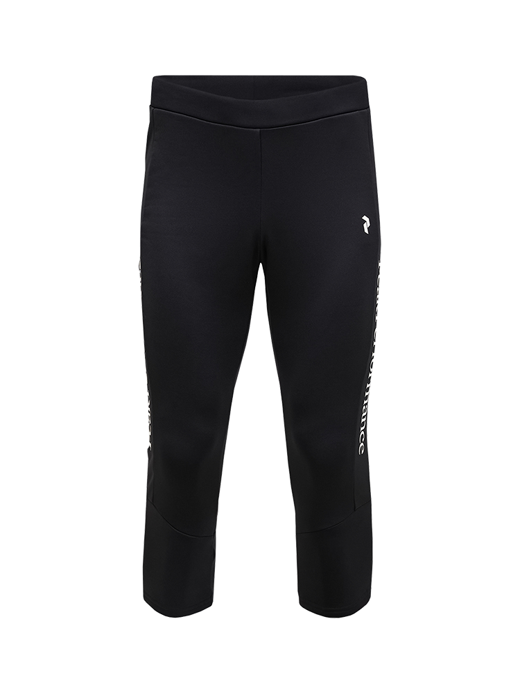 Front view of black Peak Performance Men's Rider Essentials 3/4 Midlayer Pants featuring 4-way stretch technical fleece, a boot-compatible 3/4 leg length, flatlock seams, and a low-profile elastic waistband.