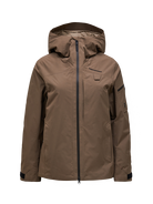 Front view of a brown Peak Performance Women's Alpine GORE-TEX 2L Insulated Shell Jacket featuring a 2-layer GORE-TEX waterproof shell, YKK AquaGuard storm zippers, an integrated radio pocket, and a helmet-compatible hood.