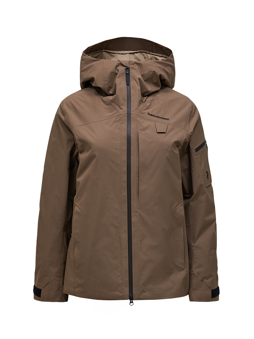 Front view of a brown Peak Performance Women's Alpine GORE-TEX 2L Insulated Shell Jacket featuring a 2-layer GORE-TEX waterproof shell, YKK AquaGuard storm zippers, an integrated radio pocket, and a helmet-compatible hood.