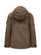 Rear view of a brown Peak Performance Women's Alpine GORE-TEX 2L Insulated Shell Jacket featuring a 2-layer GORE-TEX waterproof shell, YKK AquaGuard storm zippers, an integrated radio pocket, and a helmet-compatible hood.