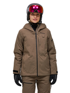 Front view of a brown Peak Performance Women's Alpine GORE-TEX 2L Insulated Shell Jacket featuring a 2-layer GORE-TEX waterproof shell, YKK AquaGuard storm zippers, an integrated radio pocket, and a helmet-compatible hood.