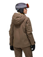 Rear view of a brown Peak Performance Women's Alpine GORE-TEX 2L Insulated Shell Jacket featuring a 2-layer GORE-TEX waterproof shell, YKK AquaGuard storm zippers, an integrated radio pocket, and a helmet-compatible hood.