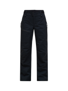 Front view of a black Peak Performance Women's Alpine GORE-TEX 2L Insulated Shell Pants featuring a 2-layer GORE-TEX waterproof membrane, YKK AquaGuard zippered thigh vents, an adjustable waistband, and reinforced Cordura scuff guards.