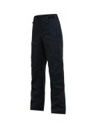 Side view of a black Peak Performance Women's Alpine GORE-TEX 2L Insulated Shell Pants featuring a 2-layer GORE-TEX waterproof membrane, YKK AquaGuard zippered thigh vents, an adjustable waistband, and reinforced Cordura scuff guards.