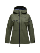 Front view of a pine needle green Peak Performance Women's Alpine GORE-TEX C-Knit 3L Shell Jacket featuring 3-layer GORE-TEX fabric with C-KNIT backer technology, YKK AquaGuard zippers, a 2-way adjustable helmet-compatible hood, and two-way underarm pit zips.