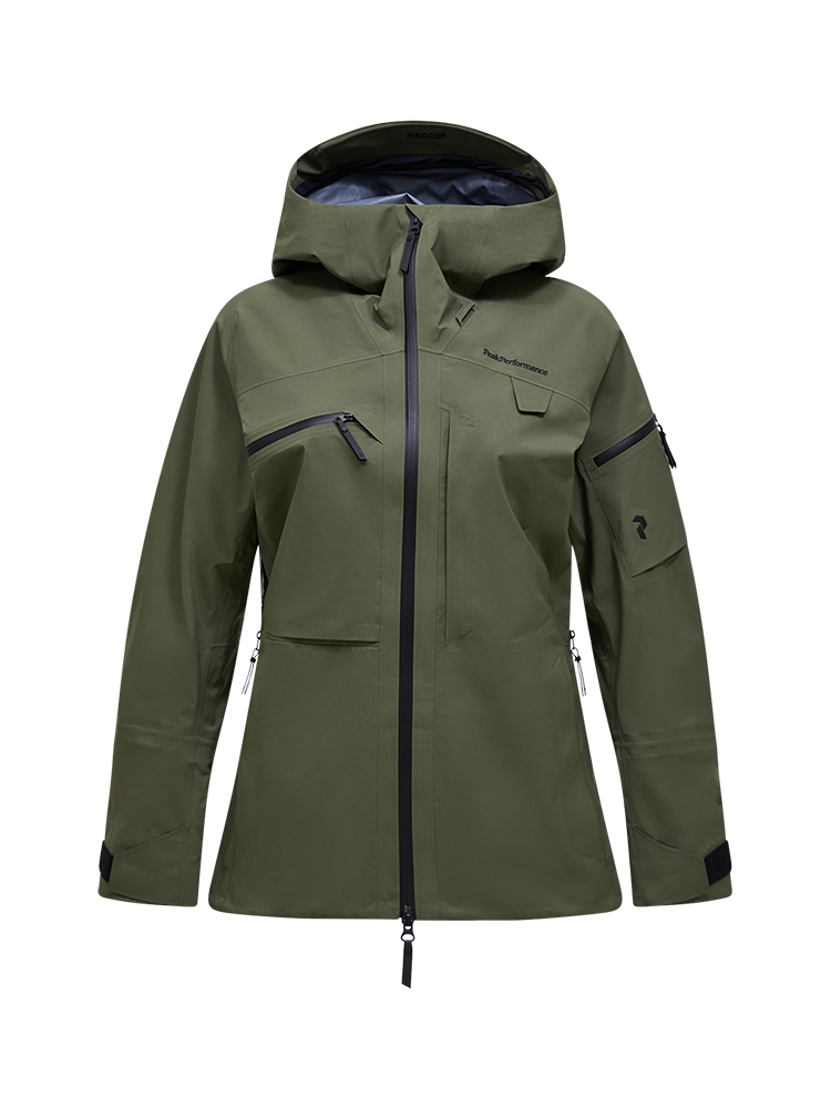Front view of a pine needle green Peak Performance Women's Alpine GORE-TEX C-Knit 3L Shell Jacket featuring 3-layer GORE-TEX fabric with C-KNIT backer technology, YKK AquaGuard zippers, a 2-way adjustable helmet-compatible hood, and two-way underarm pit zips.
