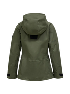 Rear view of a pine needle green Peak Performance Women's Alpine GORE-TEX C-Knit 3L Shell Jacket featuring 3-layer GORE-TEX fabric with C-KNIT backer technology, YKK AquaGuard zippers, a 2-way adjustable helmet-compatible hood, and two-way underarm pit zips.