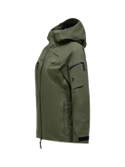 Side view of a pine needle green Peak Performance Women's Alpine GORE-TEX C-Knit 3L Shell Jacket featuring 3-layer GORE-TEX fabric with C-KNIT backer technology, YKK AquaGuard zippers, a 2-way adjustable helmet-compatible hood, and two-way underarm pit zips.