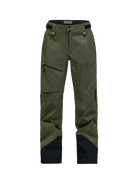 Front view of the pine needle green Peak Performance Women's Alpine GORE-TEX C-Knit 3L Shell Pants featuring 3-layer GORE-TEX fabric with C-KNIT backer technology, YKK AquaGuard leg ventilation zips, an adjustable velcro waistband, and reinforced Cordura lower leg scuff guards.