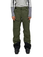 Front view of the pine needle green Peak Performance Women's Alpine GORE-TEX C-Knit 3L Shell Pants featuring 3-layer GORE-TEX fabric with C-KNIT backer technology, YKK AquaGuard leg ventilation zips, an adjustable velcro waistband, and reinforced Cordura lower leg scuff guards.