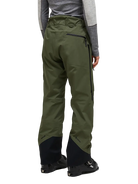 Rear view of the pine needle green Peak Performance Women's Alpine GORE-TEX C-Knit 3L Shell Pants featuring 3-layer GORE-TEX fabric with C-KNIT backer technology, YKK AquaGuard leg ventilation zips, an adjustable velcro waistband, and reinforced Cordura lower leg scuff guards.