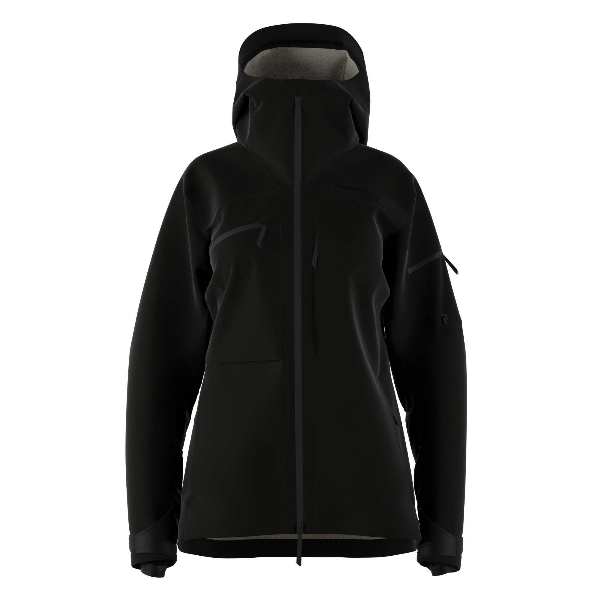 Peak Performance Women's Alpine GORE-TEX Shell Ski Jacket featuring waterproof GORE-TEX construction, helmet-compatible hood, powder skirt, and a women's-specific fit.