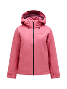 Front view of a mountain blush pink Peak Performance Women's Anima HIPE 2L Insulated Shell Jacket featuring 2-layer HIPE 2-way stretch fabric, YKK AquaGuard storm zippers, a 2-way adjustable helmet-compatible hood, and zippered underarm vents.