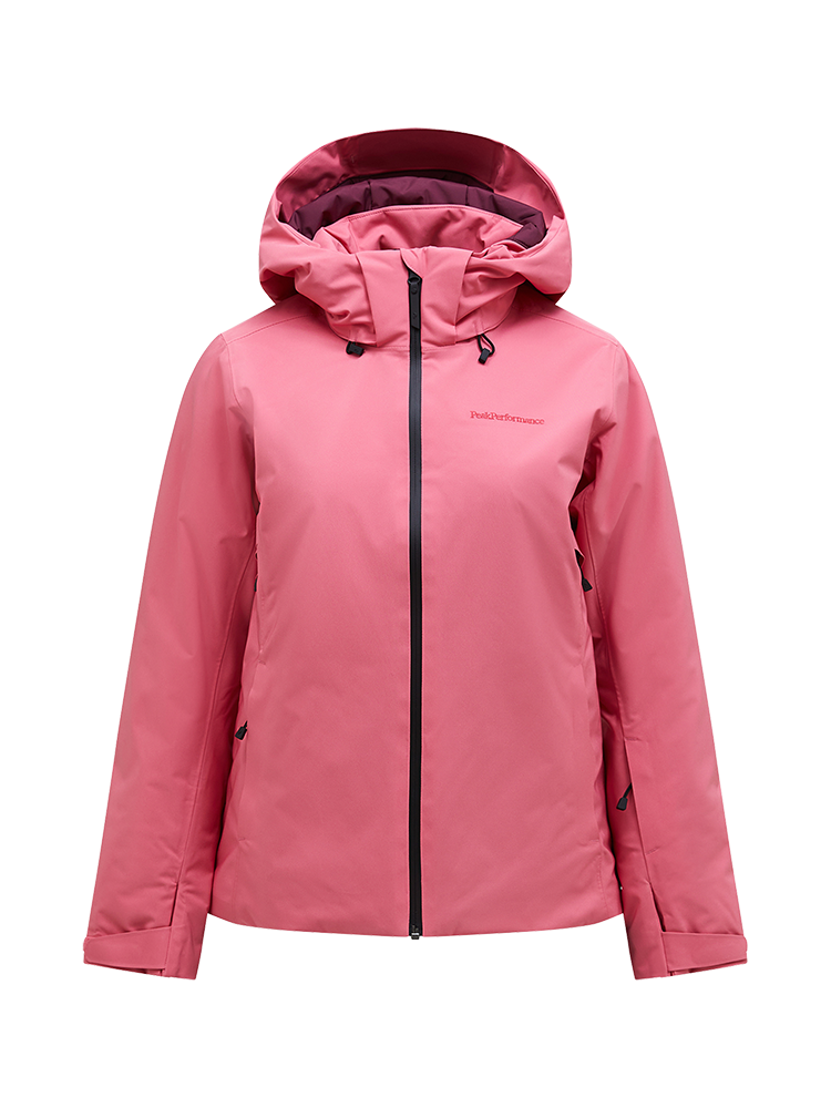 Front view of a mountain blush pink Peak Performance Women's Anima HIPE 2L Insulated Shell Jacket featuring 2-layer HIPE 2-way stretch fabric, YKK AquaGuard storm zippers, a 2-way adjustable helmet-compatible hood, and zippered underarm vents.