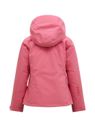 Rear view of a mountain blush pink Peak Performance Women's Anima HIPE 2L Insulated Shell Jacket featuring 2-layer HIPE 2-way stretch fabric, YKK AquaGuard storm zippers, a 2-way adjustable helmet-compatible hood, and zippered underarm vents.