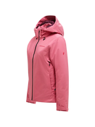 Side view of a mountain blush pink Peak Performance Women's Anima HIPE 2L Insulated Shell Jacket featuring 2-layer HIPE 2-way stretch fabric, YKK AquaGuard storm zippers, a 2-way adjustable helmet-compatible hood, and zippered underarm vents.
