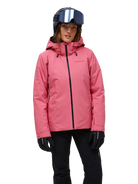 Front view of a mountain blush pink Peak Performance Women's Anima HIPE 2L Insulated Shell Jacket featuring 2-layer HIPE 2-way stretch fabric, YKK AquaGuard storm zippers, a 2-way adjustable helmet-compatible hood, and zippered underarm vents.