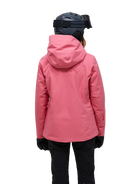 Rear view of a mountain blush pink Peak Performance Women's Anima HIPE 2L Insulated Shell Jacket featuring 2-layer HIPE 2-way stretch fabric, YKK AquaGuard storm zippers, a 2-way adjustable helmet-compatible hood, and zippered underarm vents.