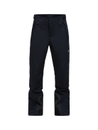 Front view of black Peak Performance Women's Anima HIPE 2L Insulated Shell Pants featuring 2-layer HIPE 2-way stretch fabric, YKK AquaGuard zippered thigh vents, an adjustable velcro waistband, and reinforced lower leg scuff guards.