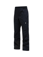 Side view of black Peak Performance Women's Anima HIPE 2L Insulated Shell Pants featuring 2-layer HIPE 2-way stretch fabric, YKK AquaGuard zippered thigh vents, an adjustable velcro waistband, and reinforced lower leg scuff guards.