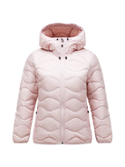 Front view of a frosted blossom pink Peak Performance Women's Helium Down Hooded Jacket featuring ultra-lightweight windproof fabric, signature wave quilting, 700-fill-power down insulation, and an elasticated fixed hood