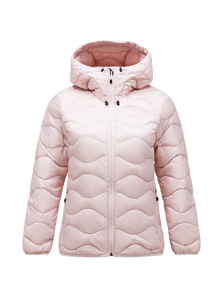 Front view of a frosted blossom pink Peak Performance Women's Helium Down Hooded Jacket featuring ultra-lightweight windproof fabric, signature wave quilting, 700-fill-power down insulation, and an elasticated fixed hood