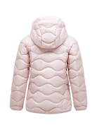 Rear view of a frosted blossom pink Peak Performance Women's Helium Down Hooded Jacket featuring ultra-lightweight windproof fabric, signature wave quilting, 700-fill-power down insulation, and an elasticated fixed hood