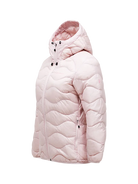 Side view of a frosted blossom pink Peak Performance Women's Helium Down Hooded Jacket featuring ultra-lightweight windproof fabric, signature wave quilting, 700-fill-power down insulation, and an elasticated fixed hood