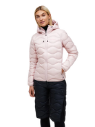 Front view of a frosted blossom pink Peak Performance Women's Helium Down Hooded Jacket featuring ultra-lightweight windproof fabric, signature wave quilting, 700-fill-power down insulation, and an elasticated fixed hood
