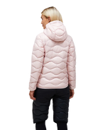 Rear view of a frosted blossom pink Peak Performance Women's Helium Down Hooded Jacket featuring ultra-lightweight windproof fabric, signature wave quilting, 700-fill-power down insulation, and an elasticated fixed hood