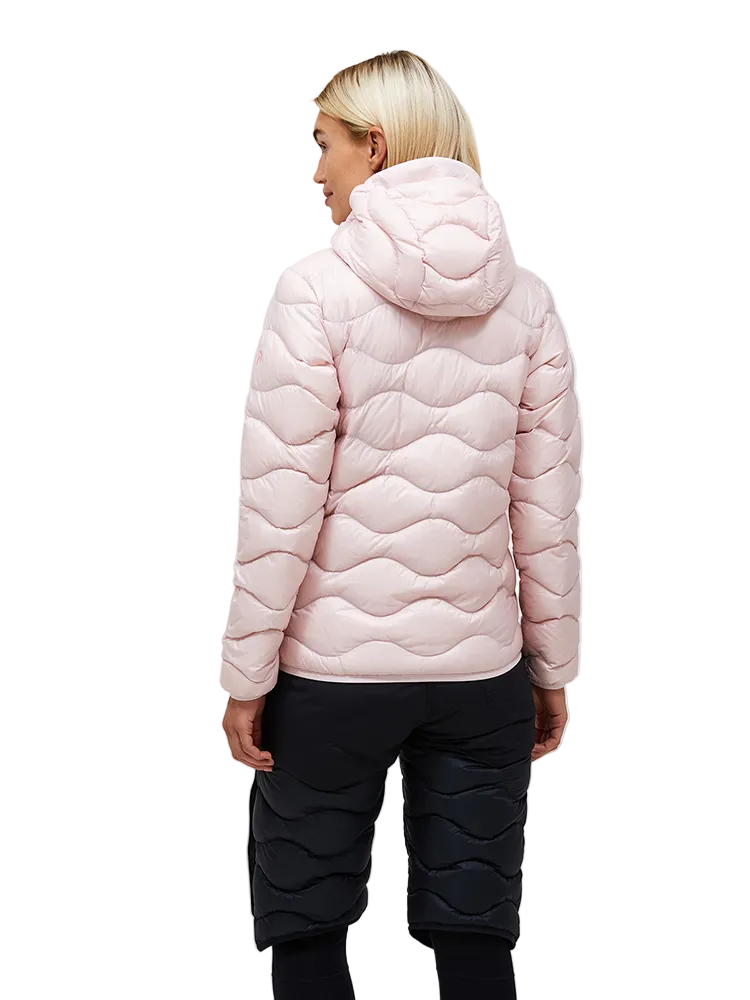Rear view of a frosted blossom pink Peak Performance Women's Helium Down Hooded Jacket featuring ultra-lightweight windproof fabric, signature wave quilting, 700-fill-power down insulation, and an elasticated fixed hood