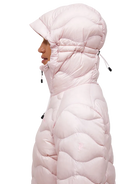 Side view of a frosted blossom pink Peak Performance Women's Helium Down Hooded Jacket featuring ultra-lightweight windproof fabric, signature wave quilting, 700-fill-power down insulation, and an elasticated fixed hood