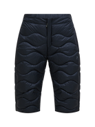 Front view of black Peak Performance Women's Helium Down Shorts featuring ultra-lightweight windproof fabric, signature wave quilting, 700-fill-power down insulation, and a low-profile elastic waistband.