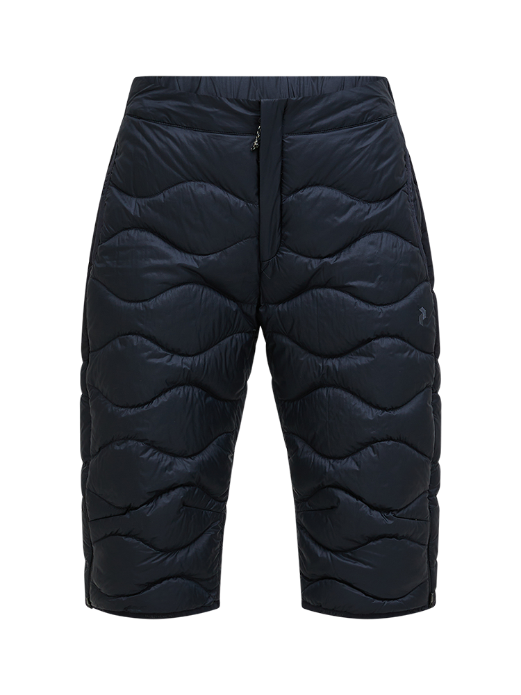 Front view of black Peak Performance Women's Helium Down Shorts featuring ultra-lightweight windproof fabric, signature wave quilting, 700-fill-power down insulation, and a low-profile elastic waistband.
