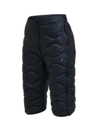 Side view of black Peak Performance Women's Helium Down Shorts featuring ultra-lightweight windproof fabric, signature wave quilting, 700-fill-power down insulation, and a low-profile elastic waistband.