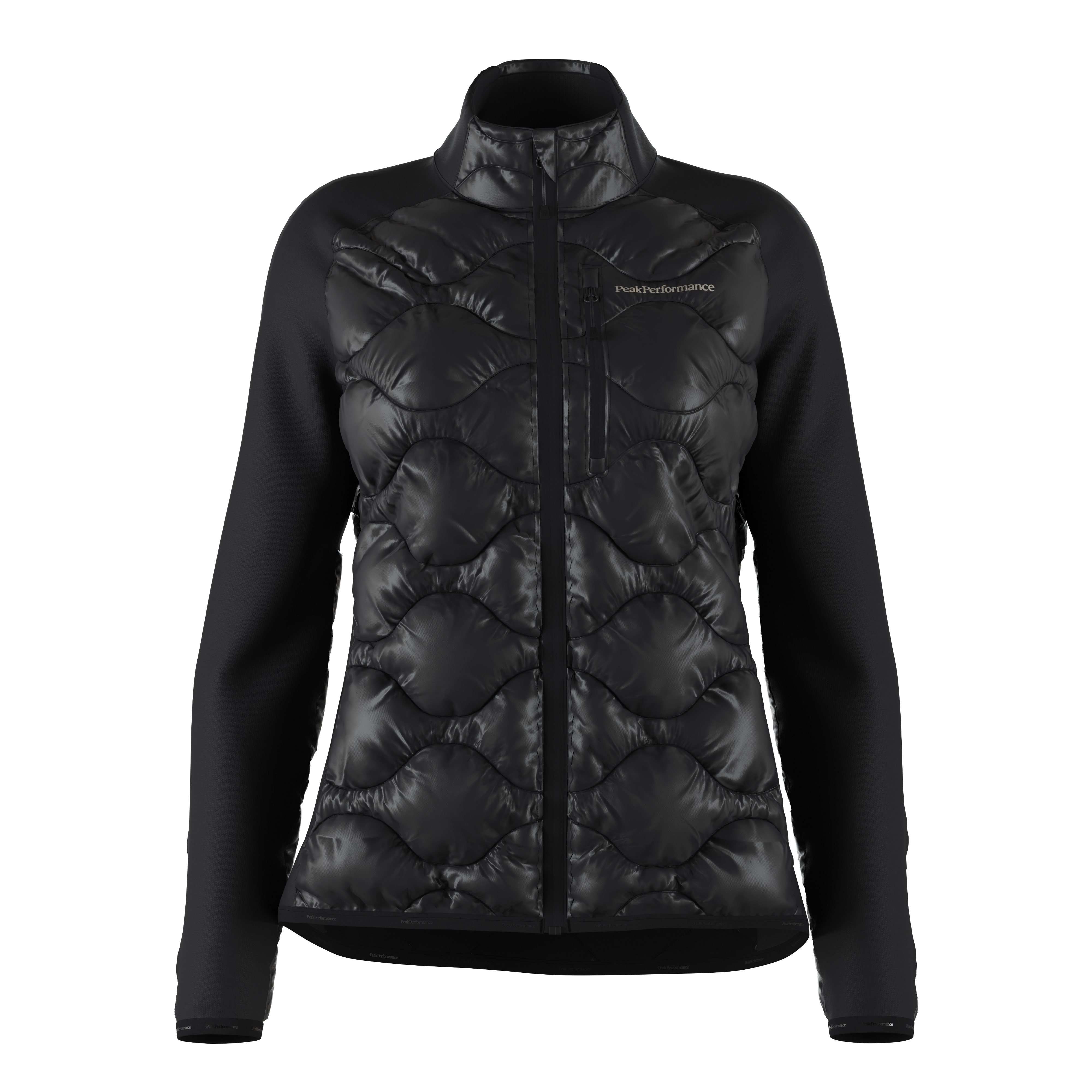Peak Performance Women's Helium Hybrid Down Jacket featuring premium down insulation, stretch panels, wind-resistant fabric, and a women's-specific fit for alpine performance.