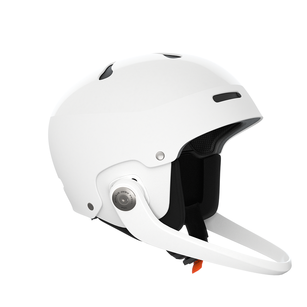 A white POC Artic SL MIPS ski racing helmet that features a chin guard and is FIS certified.