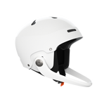 A white POC Artic SL MIPS ski racing helmet that features a chin guard and is FIS certified.