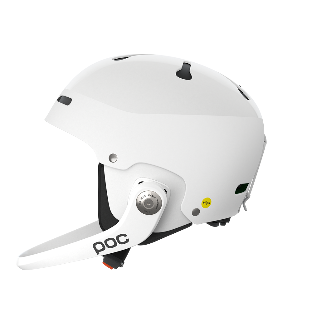 A white POC Artic SL MIPS ski racing helmet that features a chin guard and is FIS certified.