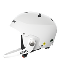 A white POC Artic SL MIPS ski racing helmet that features a chin guard and is FIS certified.