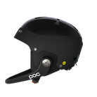 A black POC Artic SL MIPS ski racing helmet that features a chin guard and is FIS certified.
