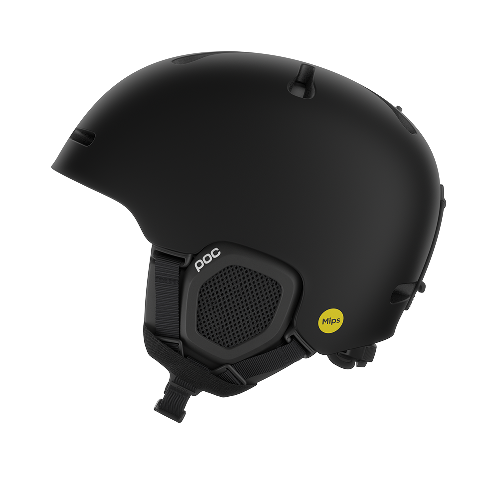 Side view of a black POC Fornix MIPS Ski Helmet featuring an in-mold PC shell, molded aramid bridge panels, top sliding ventilation vents, front goggle chimneys, and a 360° fit adjustment dial.