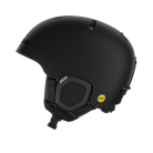 Side view of a black POC Fornix MIPS Ski Helmet featuring an in-mold PC shell, molded aramid bridge panels, top sliding ventilation vents, front goggle chimneys, and a 360° fit adjustment dial.