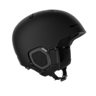 Side view of a black POC Fornix MIPS Ski Helmet featuring an in-mold PC shell, molded aramid bridge panels, top sliding ventilation vents, front goggle chimneys, and a 360° fit adjustment dial.