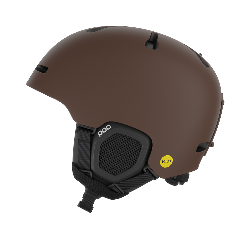 Side view of a brown POC Fornix MIPS Ski Helmet featuring an in-mold PC shell, molded aramid bridge panels, top sliding ventilation vents, front goggle chimneys, and a 360° fit adjustment dial.