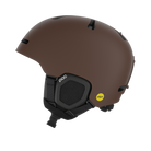 Side view of a brown POC Fornix MIPS Ski Helmet featuring an in-mold PC shell, molded aramid bridge panels, top sliding ventilation vents, front goggle chimneys, and a 360° fit adjustment dial.